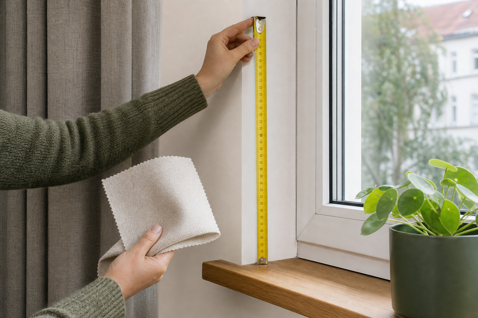 Eine Person misst die Fensternische und hält ein helles Muster für Vorhangstoff